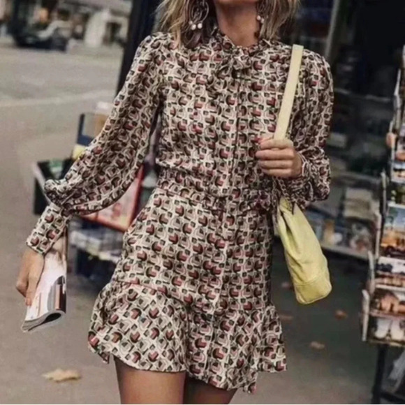 ALEXIS Dress Women’s Small Mirene Bronze Geo Neck Tie Bow Ruffle Hem Mini - Picture 2 of 12